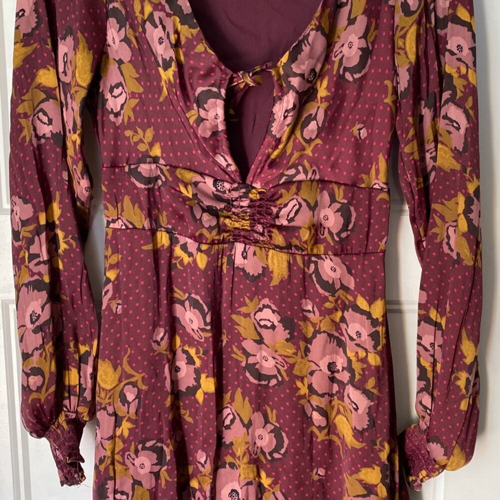 Free People Burgundy Satin Mini Dress V-Neck Size 4 Pink & Yellow Flowers